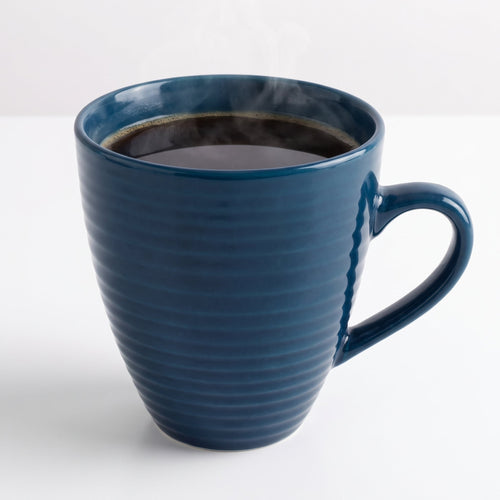 Elegant dark blue ceramic coffee cup with a wavy pattern